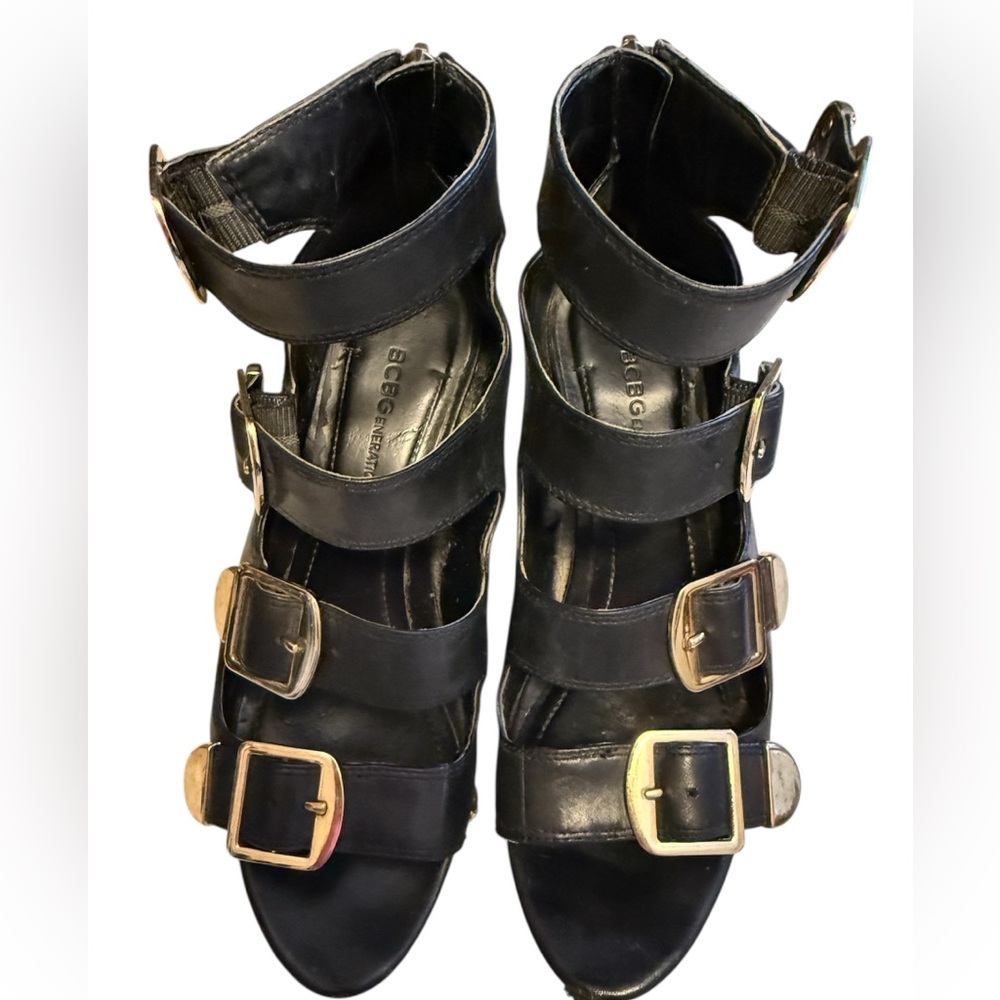 BCBGeneration Patent Leather Wedges, Gold Buckles, Size 6